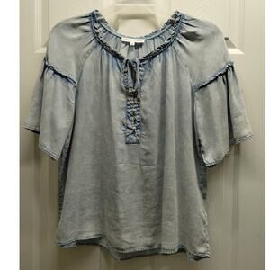 Jane + Delancey Size Small Top Blue Super Soft Lyocell Chambray Tie Neck Popover